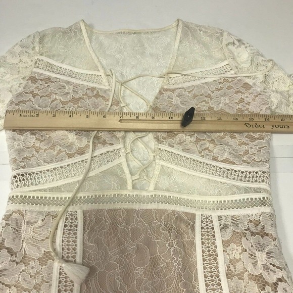 Express Dress Womens 6 Ivory Lace Semi Sheer Cut Out Deep V Neck Lace Mini Boho - Picture 10 of 12